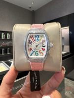 High Quality Replica Franck Muller V32 Barrel Different Colors Rubber Strap White Face Dial Silver Diamond-Inlaid Bezel Watch 42mm*32mm